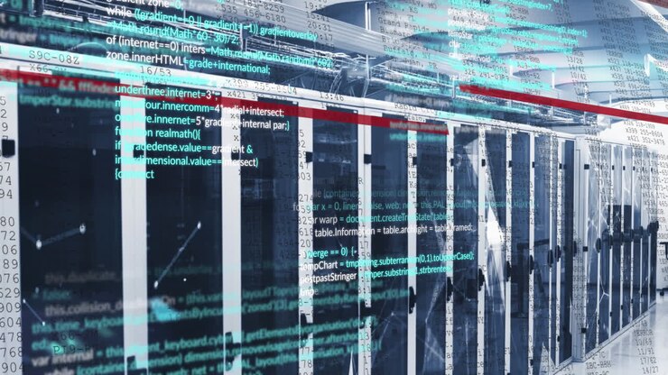 Animation von Datenverarbeitung und Plexus-Netzwerken vor einem Computer-Serverraum