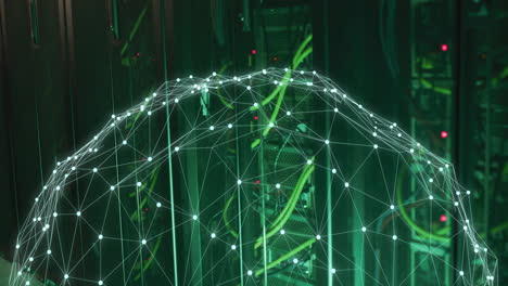 network connections and data processing animation over server racks with cables