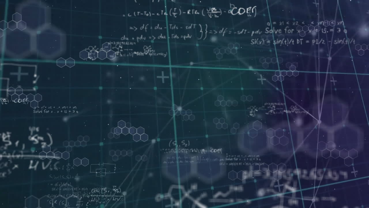 Animation of mathematical equations over network of connections on black background