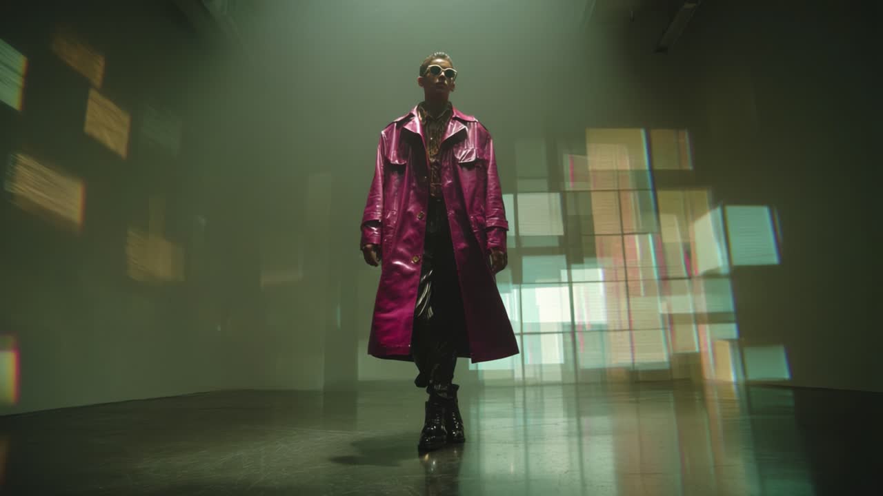 Una figura straordinaria si muove con sicurezza in uno spazio moderno e artisticamente illuminato, indossando un audace cappotto rosa che cattura l'essenza della moda d'avanguardia su uno sfondo di motivi di luce astratta in movimento.