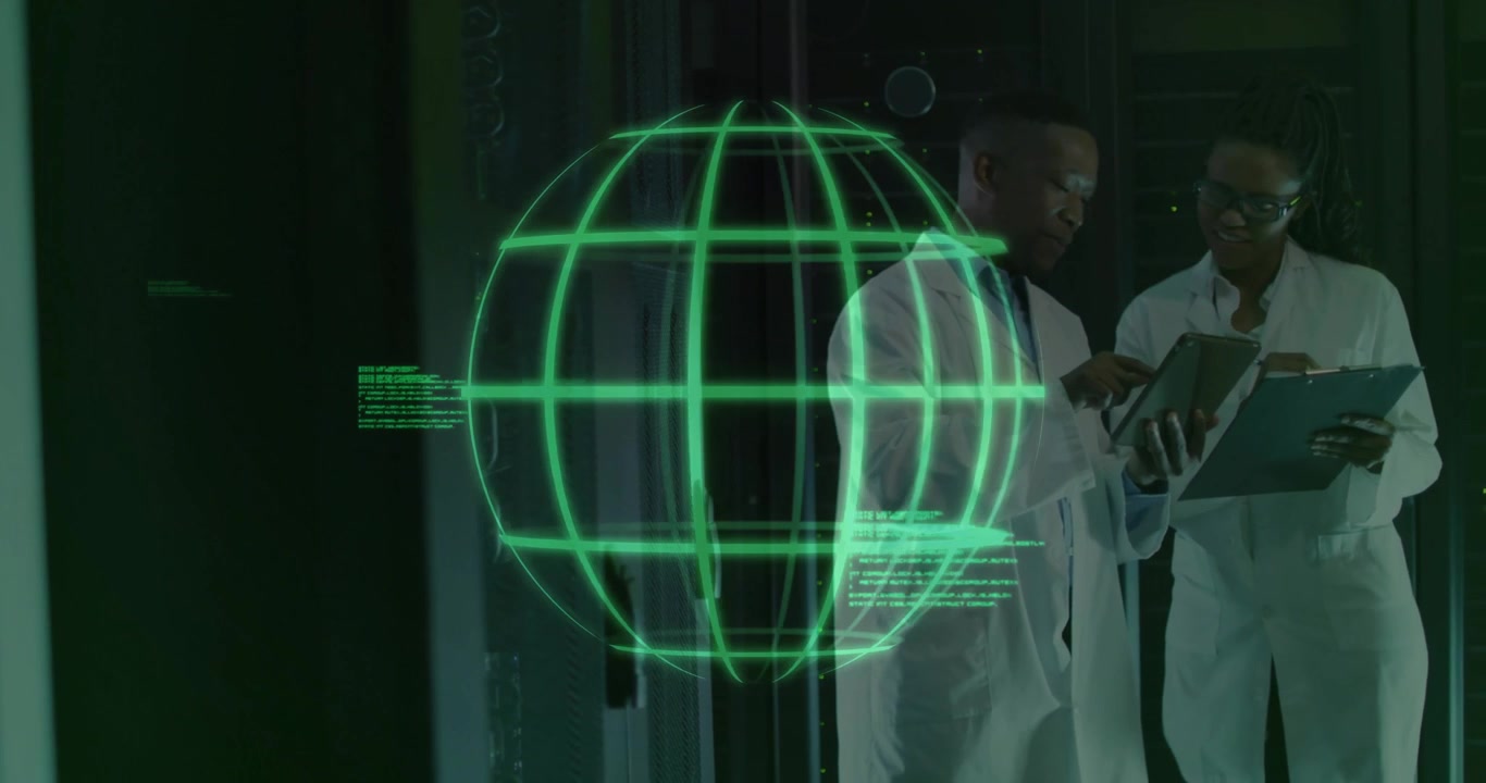Male engineer tapping tablet while woman tech pointing code lines globe glowing for IT diagnostics