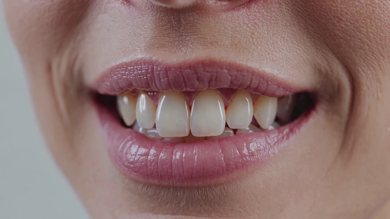 Close-up video of a smiling mouth, focusing on teeth and lips
