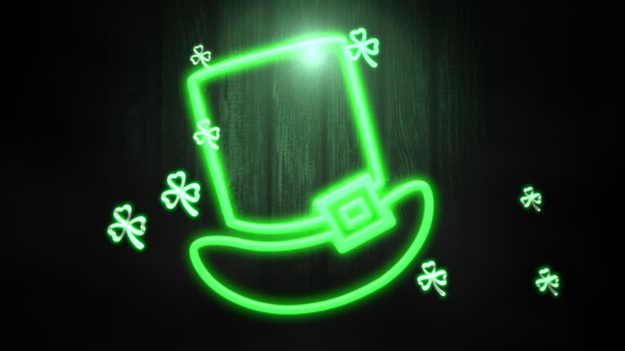 애니메이션 모션 작은 녹색 토끼풀과 성 패트릭의 날 빛나는 배경 2에 네온 아일랜드 모자