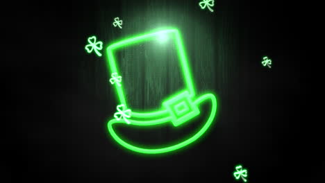 Animationsbewegung-Kleine-Grüne-Kleeblätter-Und-Irischer-Neonhut-Auf-St.-Patrick-Day-Glänzendem-Hintergrund-2