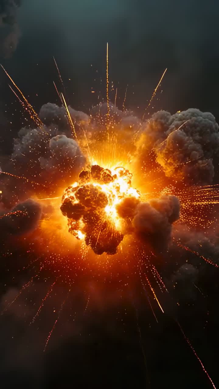 Vídeo vertical: Detonación de una bola de fuego en expansión que emite chispas y forma una densa humareda sobre el cielo
