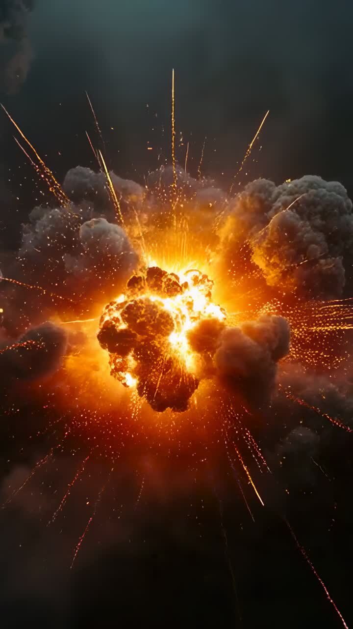 Vertical video: Detonating fireball expanding, emitting sparks and forming dense smoke overcast sky