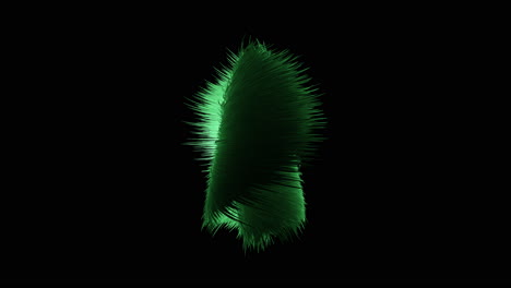 un objeto de plumas verde vibrante se destaca en un fondo oscuro.