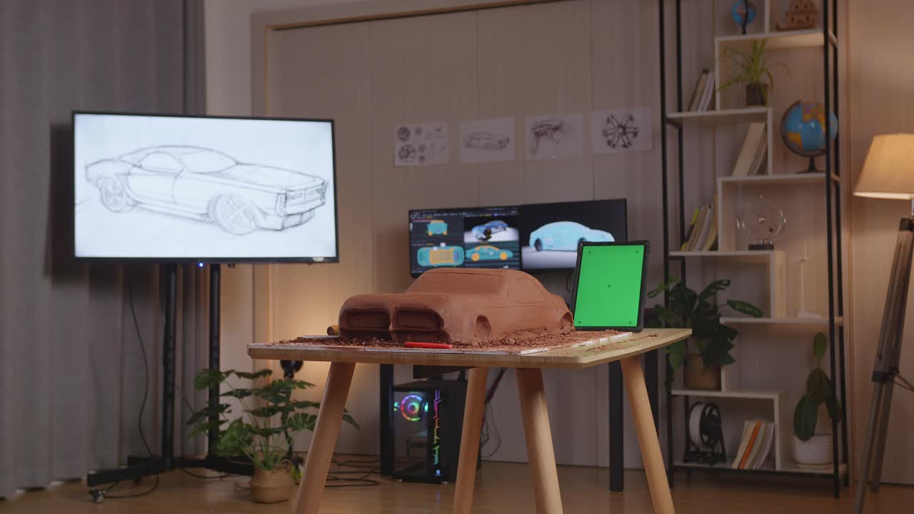 la escultura de arcilla de coche al lado de la tableta de pantalla verde está en la mesa en el estudio con televisión y computadoras mostrar modelo de coche eléctrico 3d