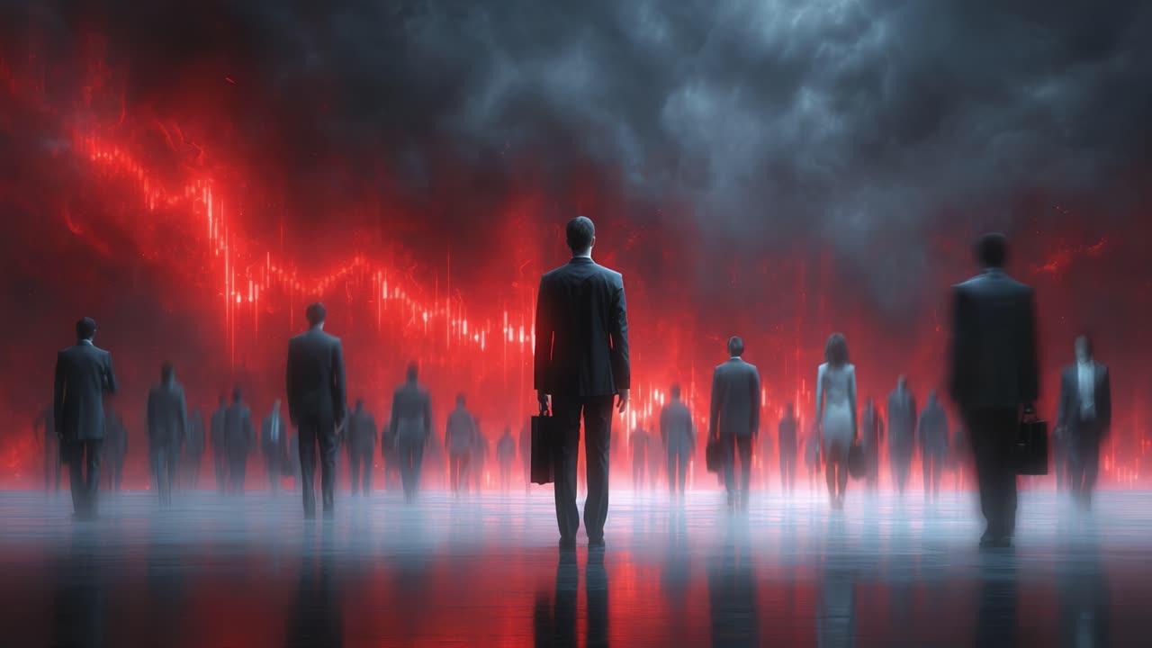 In an abstract, dramatic setting filled with ominous red hues and blurred figures, a solitary businessman stands amidst a crowd, symbolizing uncertainty and market volatility