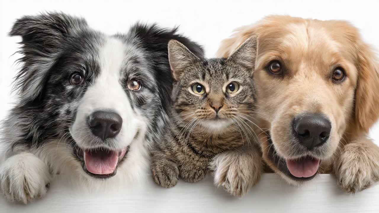 Charming Portrait of Friendship: Heartwarming Image Featuring a Playful Dog, a Content Cat, and a Loyal Golden Retriever Connected by Their Endearing Expressions
