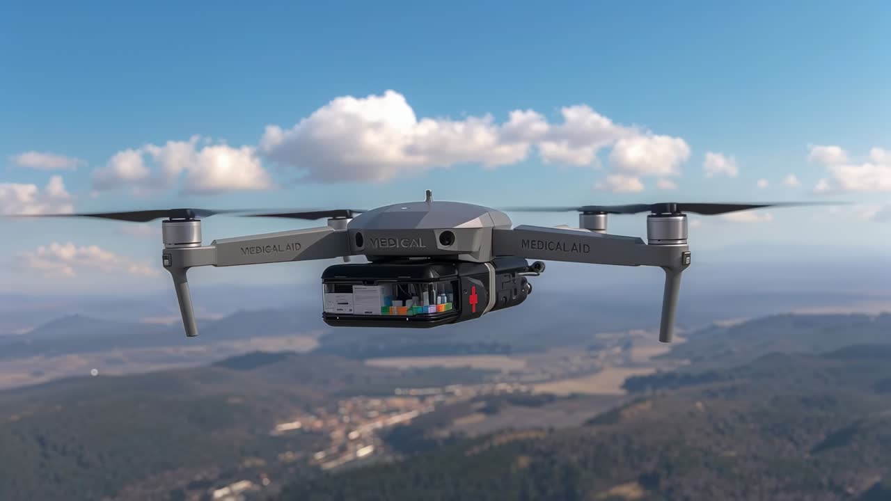 Camera che si allontana, drone che mantiene la quota, virata sopra la foresta oltre le cupole dorate, trasporto del payload
