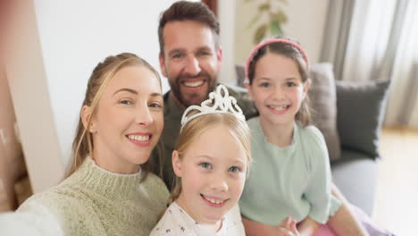 face, parents and selfie of children in home