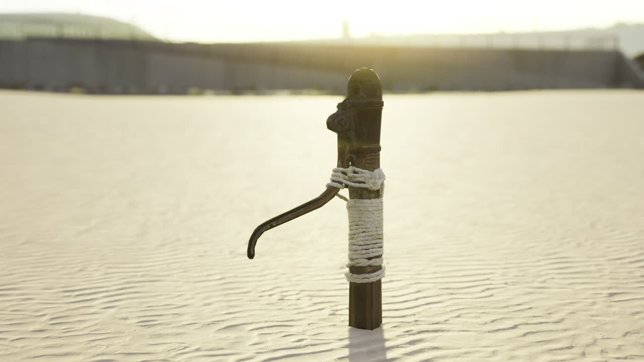 Water pump standing alone in an arid landscape during sunset