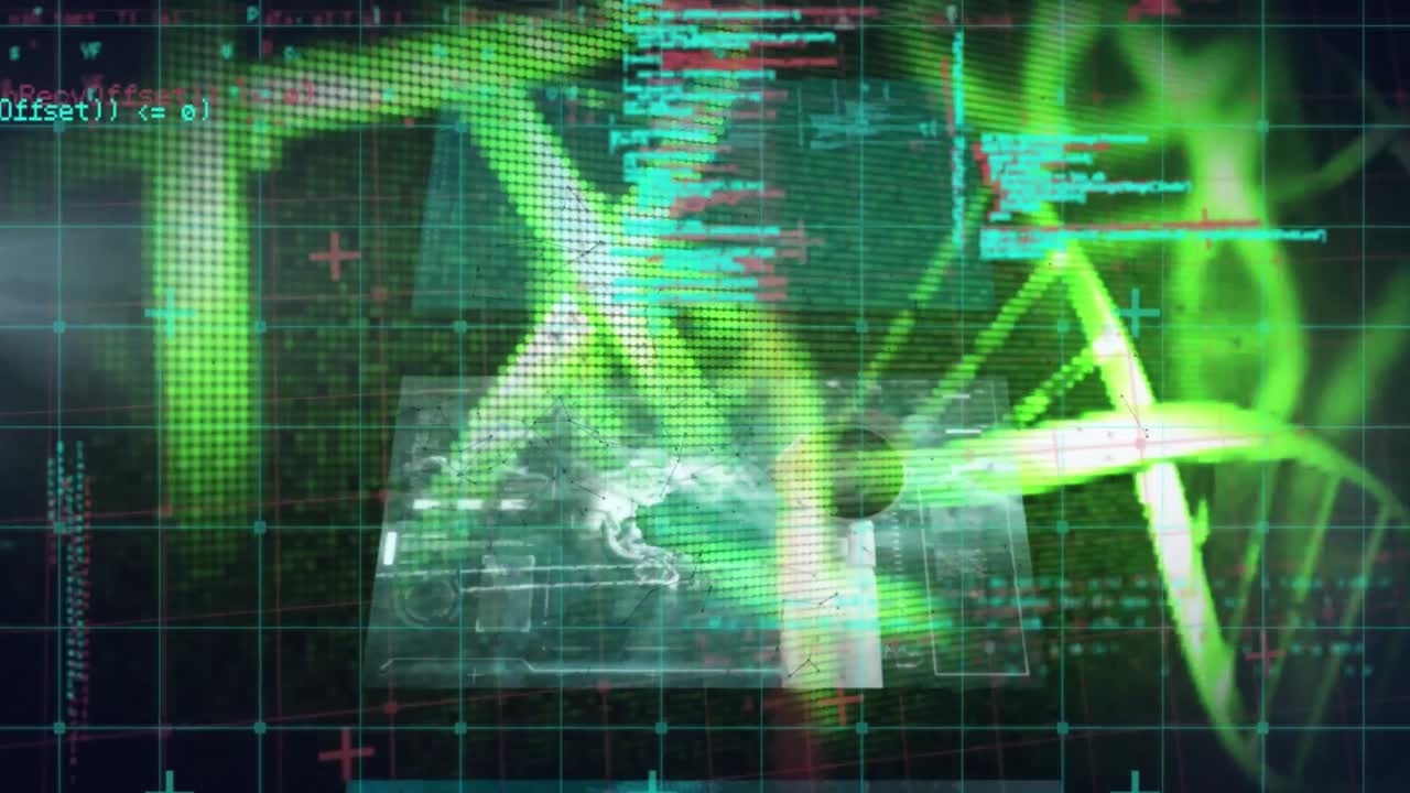 검은색 배경에 다양한 데이터 처리 및 dna의 애니메이션