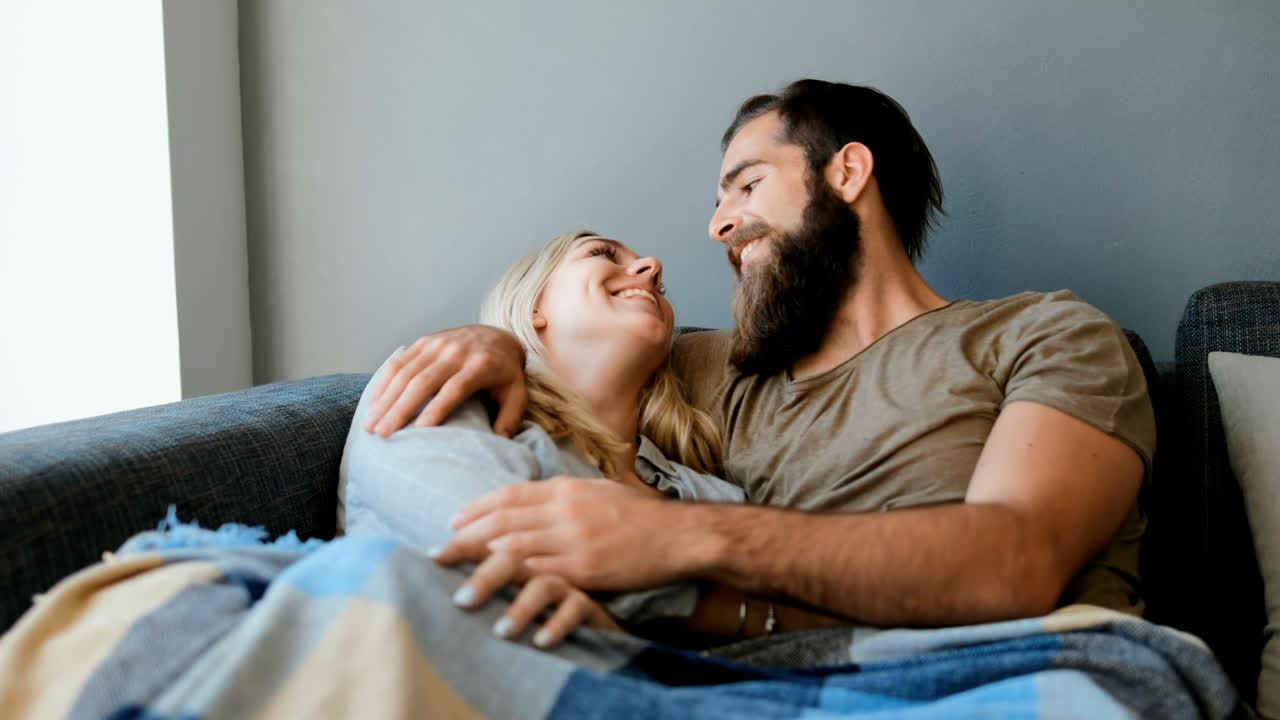 Couple romancing in living room 4k