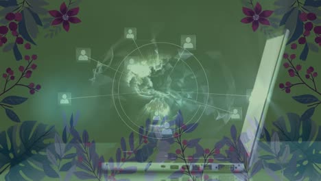 Animation-of-globe-with-network-of-connections-over-laptop-on-floral-pattern