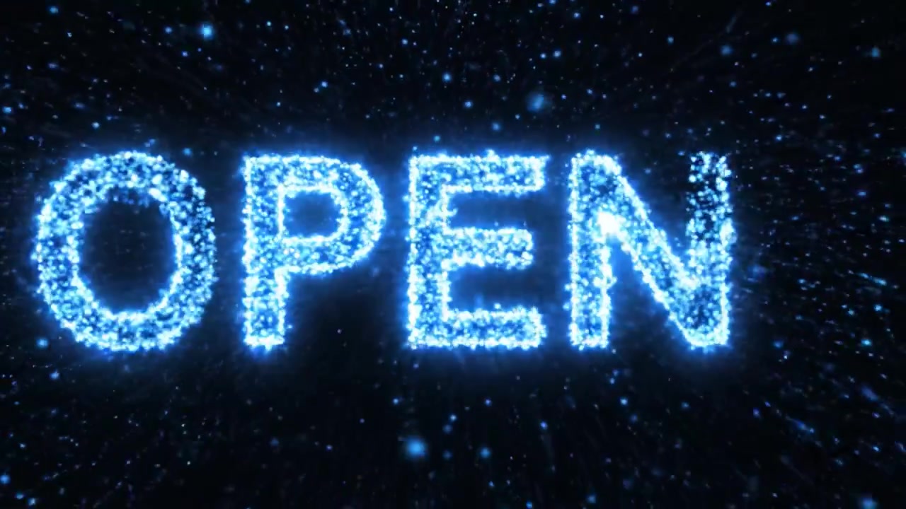A Dynamic Visual Transition from Darkness to Light: Emphasizing the Bold 'OPEN' Display Surrounded by Sparkling Blue Particles in a Captivating Nighttime Setting
