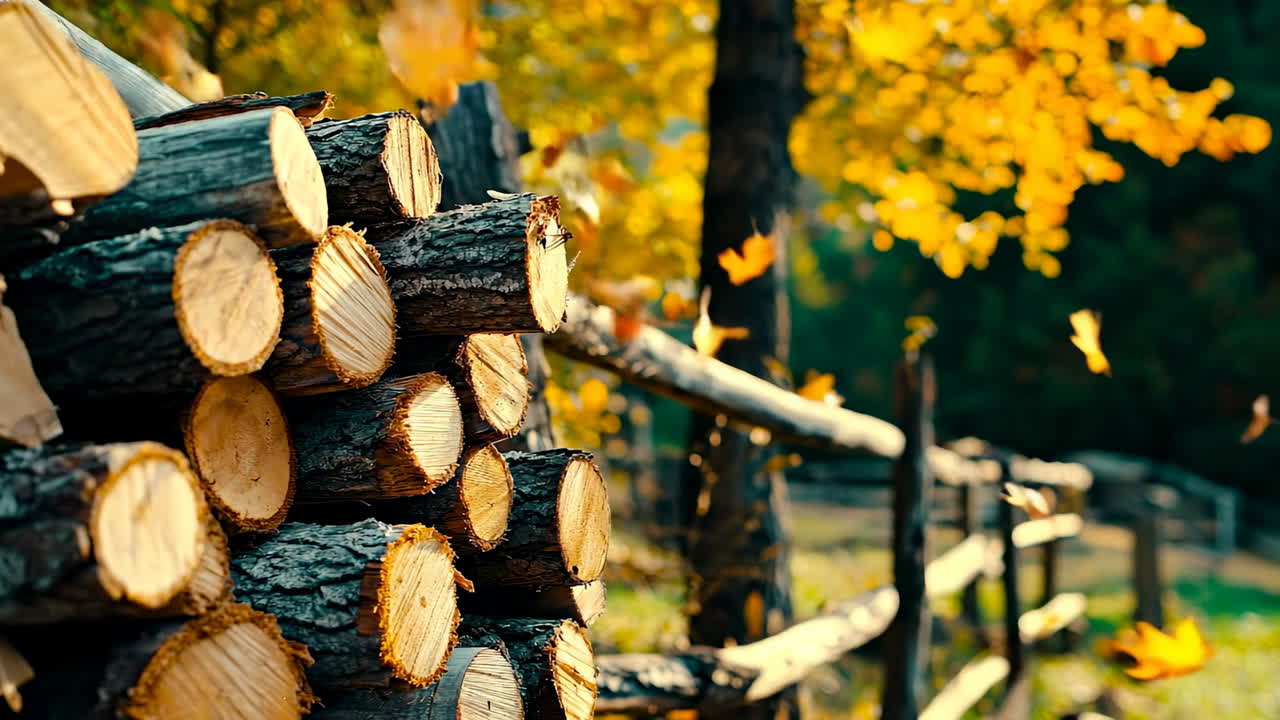 Logs by a rustic fence in fall. Warm autumn colors highlight stacked logs next to a wooden fence, surrounded by golden leaves and nature's beauty