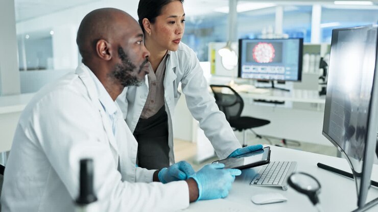 Lavoro di squadra, computer o scienziati che leggono in laboratorio
