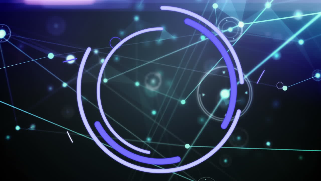 Animation of eye icon and network of connections over shapes on black background