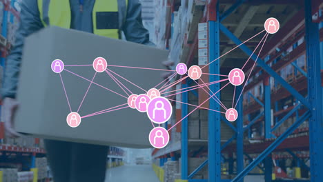 network of connections animation over worker organizing boxes in warehouse