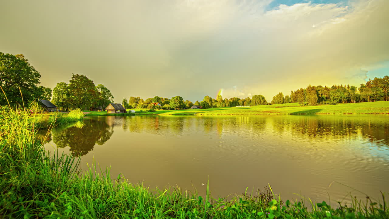 Timelapse of blue sky, clouds on motion, sun rays, and rainbow reflection at lake