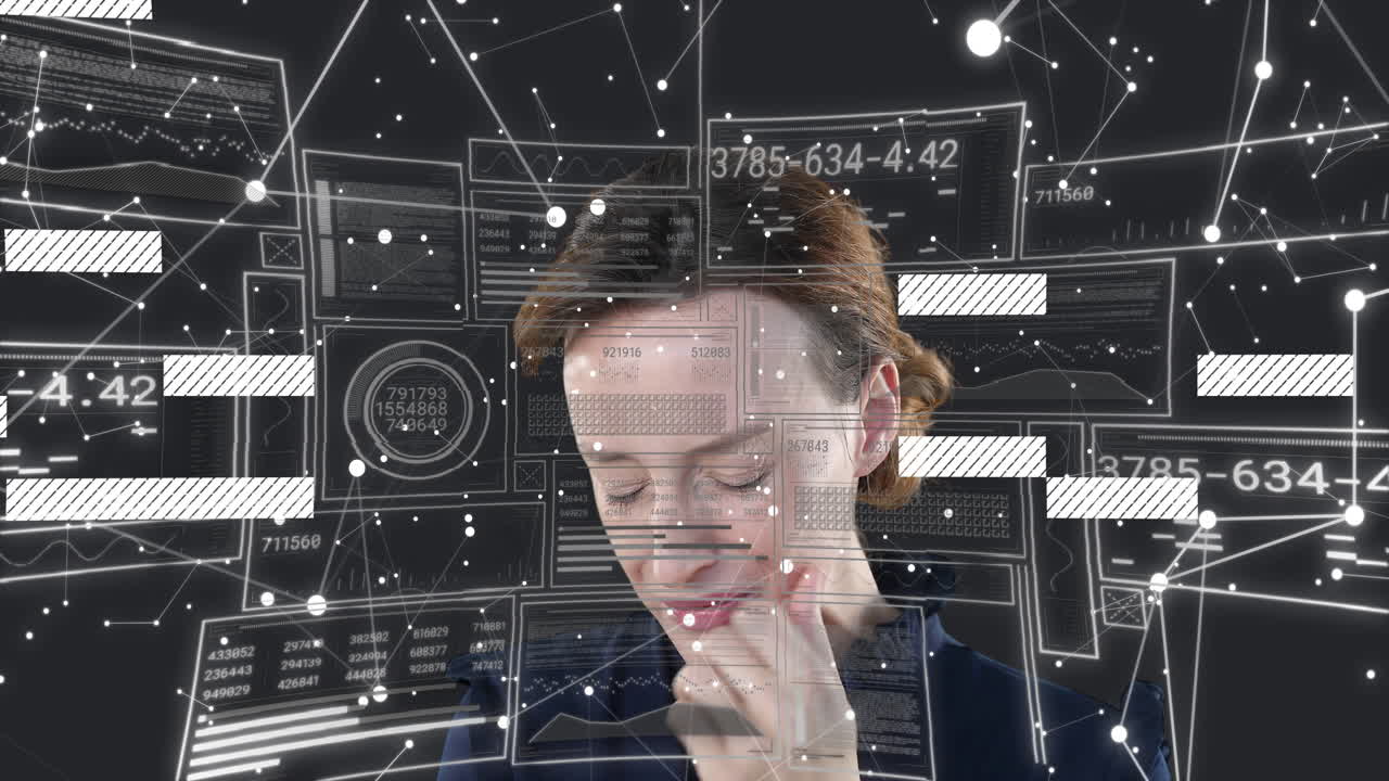 Woman analyzing digital data in tech interface, with charts numeric codes network nodes