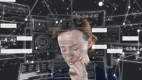 woman analyzing digital data in tech interface, with charts numeric codes network nodes