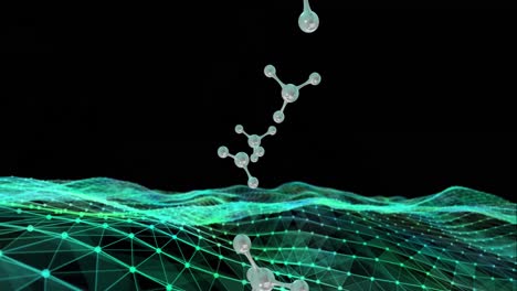 animation of 3d micro of molecules and green mesh on black background