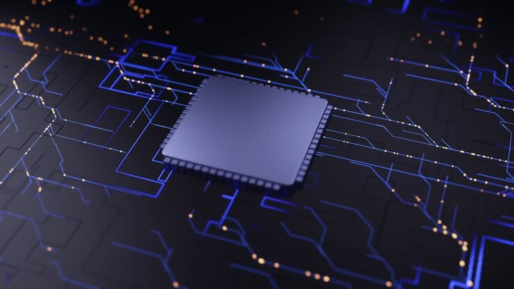 Futuristisk printplade med en glødende central processorchip AI-mikrochip på et glødende blåt kredsløbskort.