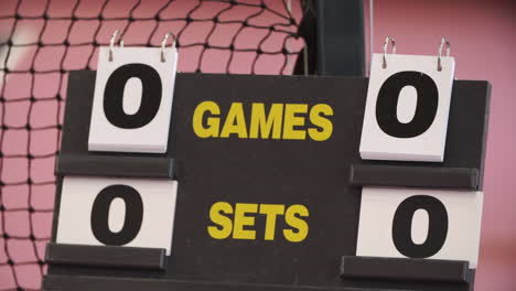 tennis scoreboard, male hand turns score from love all to one game to love 4k