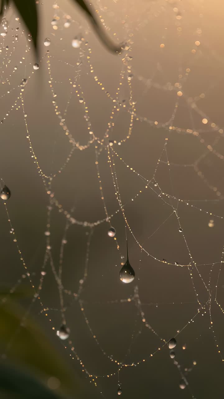 Vertical video: Shifting silk threads showing teardrop moving on shrub, gravity and breeze acting