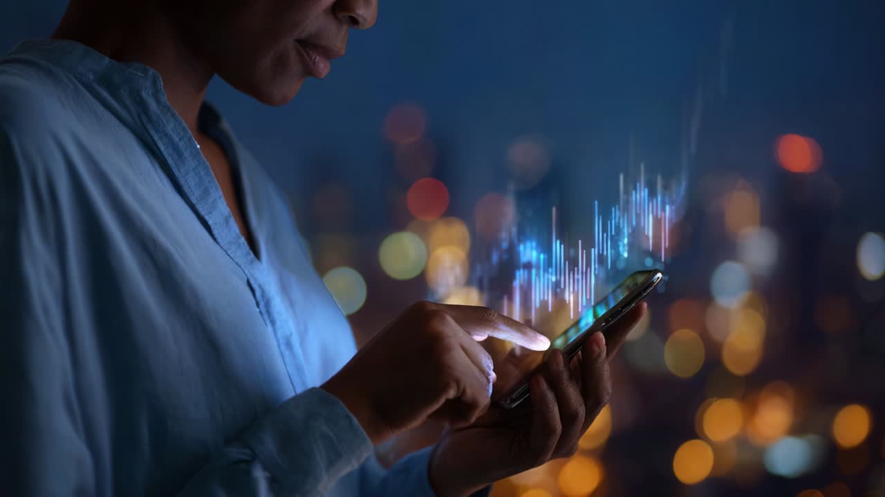 A person engaging with a smartphone, showcasing digital data trends and analytics in a captivating urban night scene, representing the intersection of technology and modern communication