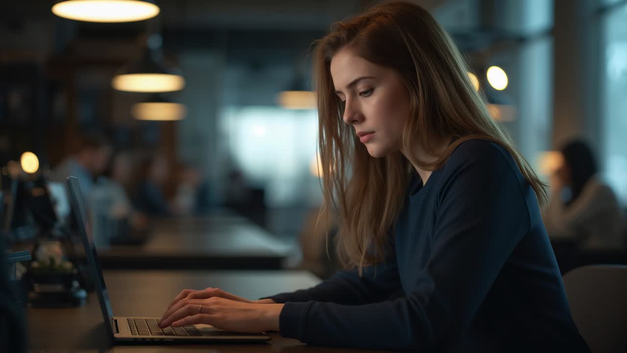 Video verticale: Donna con top blu navy che digita, guardando a destra, al laptop in postazione di lavoro, con spazio per il testo