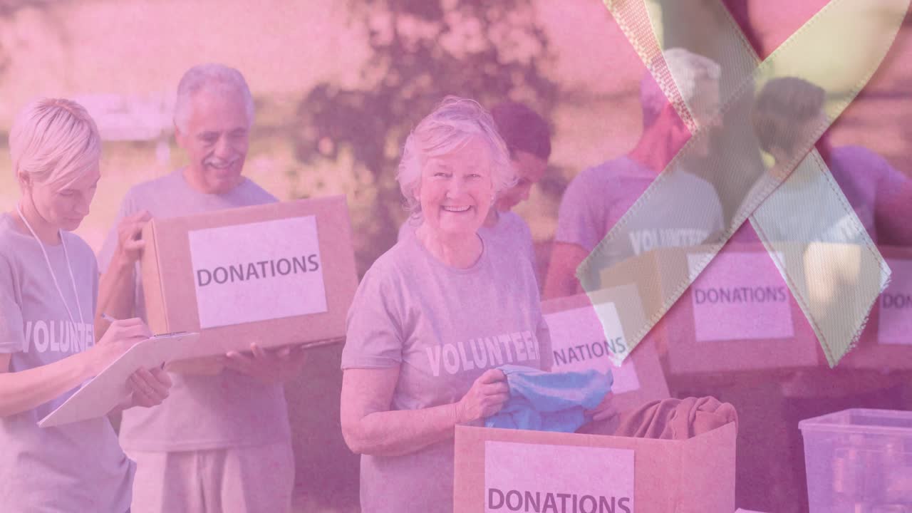 암 리본 위에 다양한 자원봉사자 그룹의 애니메이션