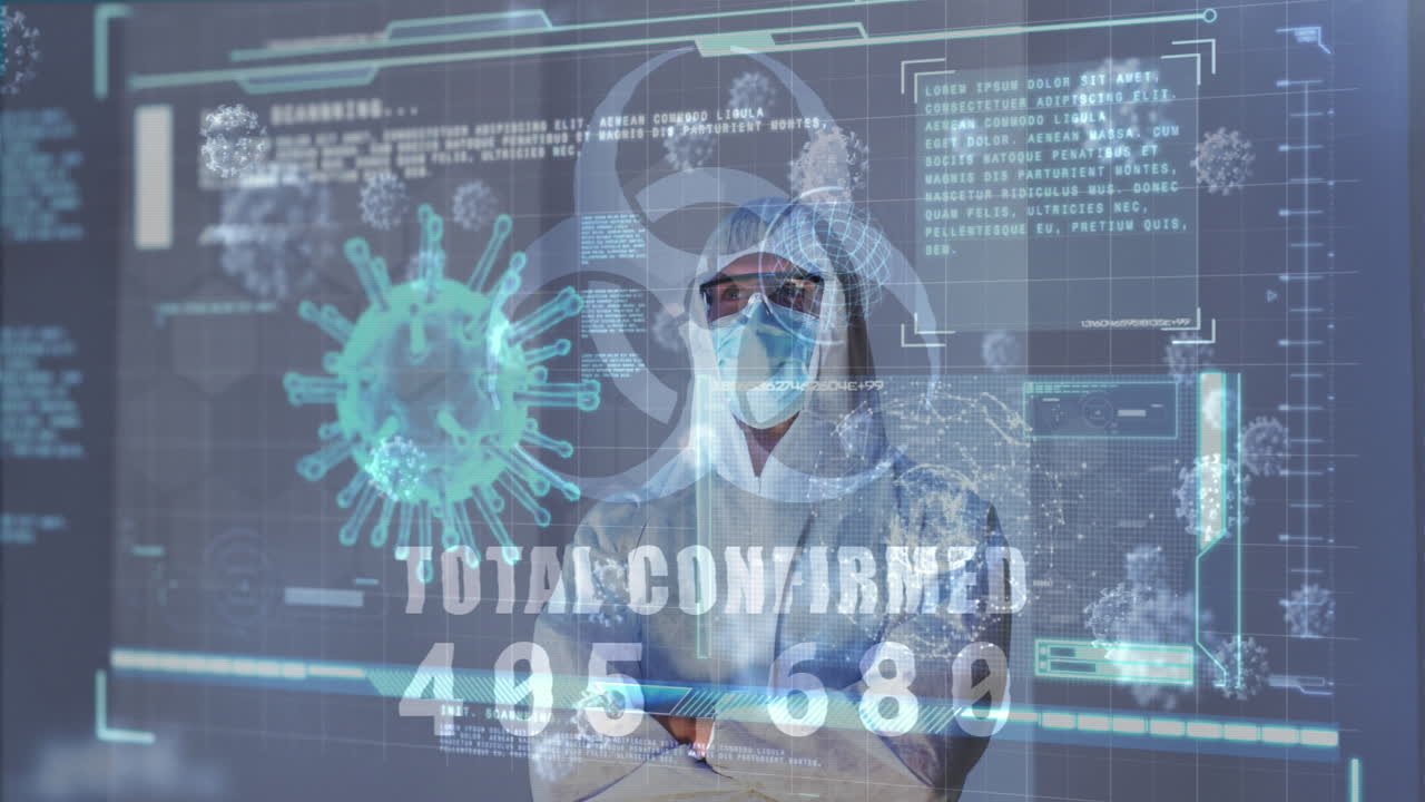 생물학적 위험 아이콘, 바이러스 세포, 디지털 인터페이스의 애니메이션 남성 의사가 얼굴 마스크를 착용합니다.