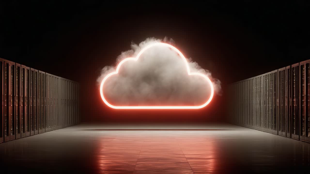 Illuminated Cloud Symbol with Mist Over Servers in a Darkened Room Signifying Data Management and Storage Solutions