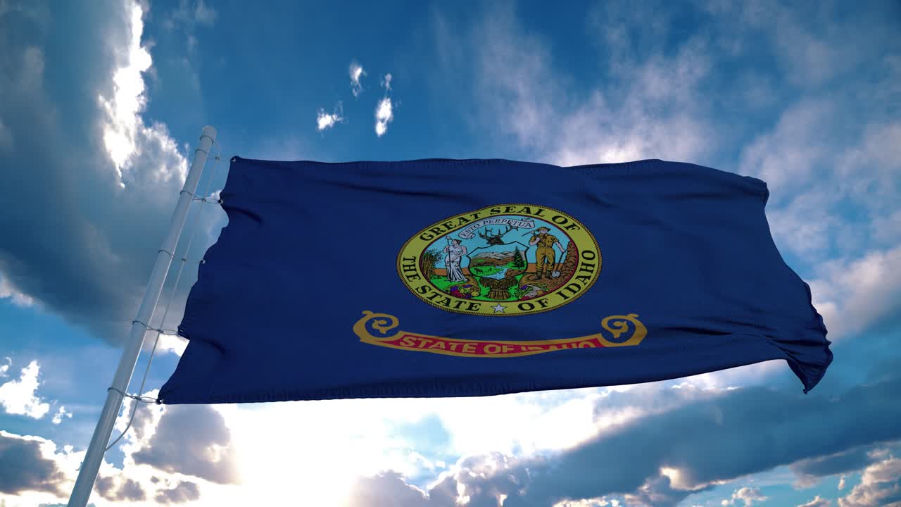 Bandera de Idaho en un mástil ondeando al viento en el cielo. Estado de Idaho en los Estados Unidos de América