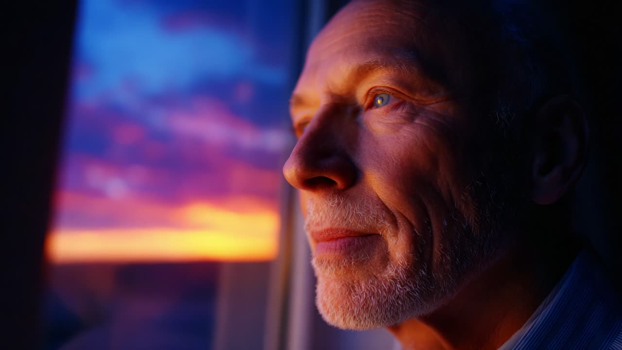 A Serene Reflection at Dusk: A Close-Up Portrait of a Thoughtful Elderly Man Gazing Out of a Window, Enveloped by the Breathtaking Colors of a Vibrant Sunset, Evoking Emotions of Peace and Contemplation