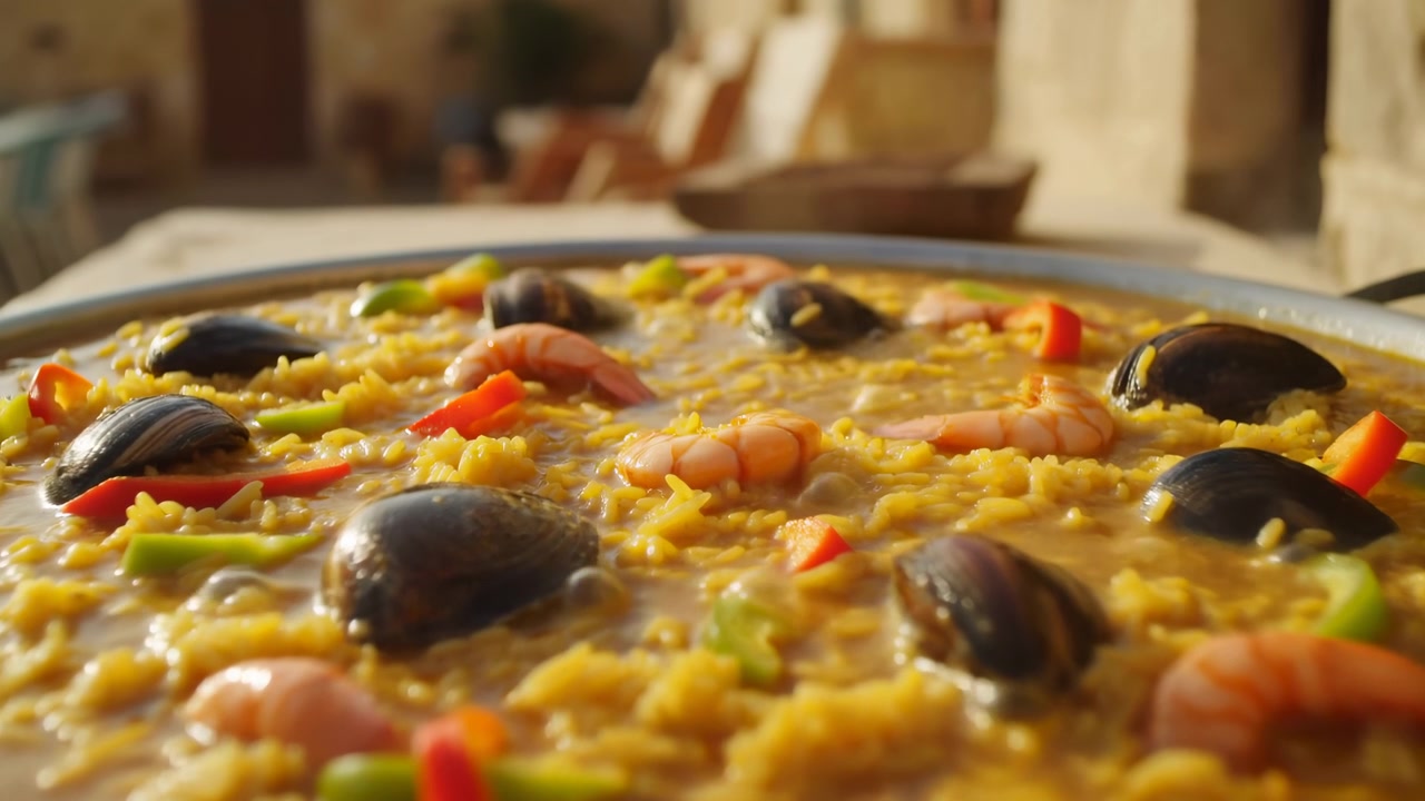 Paella di mare illuminata dal sole, primo piano di riso allo zafferano che sobbolle in una grande padella con cozze, gamberi, peperoni a cubetti