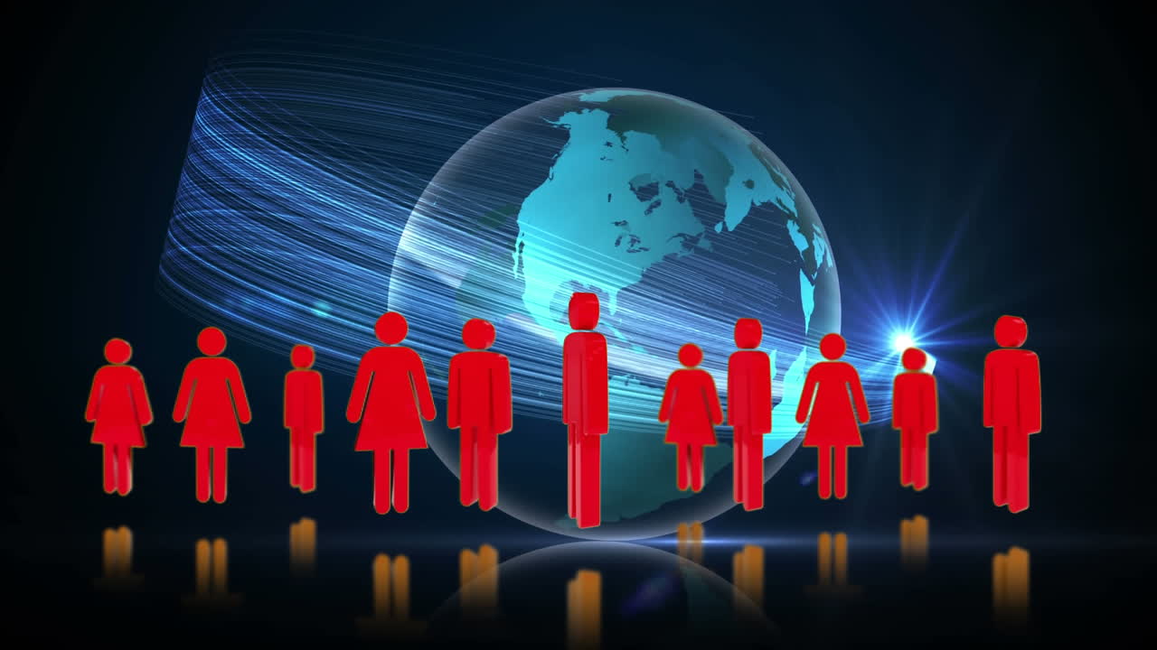 남성과 여성의 아이콘과 회전하는 지구