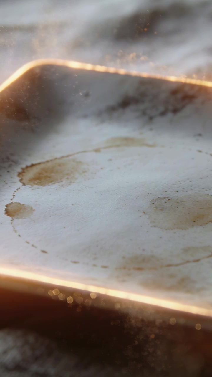 Vertical video: Grazing warm light hitting metal tray on kitchen counter, revealing grease ring
