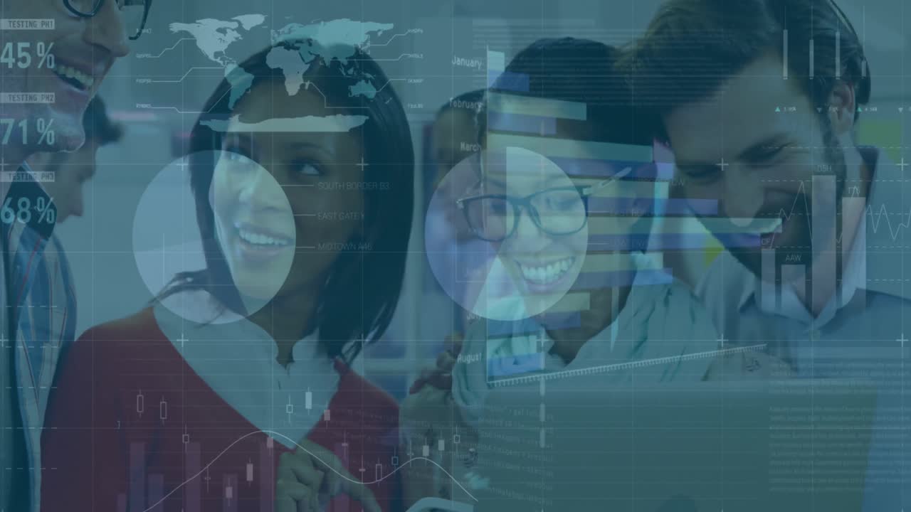 Animation of statistical data processing over diverse colleagues smiling looking at laptop at office