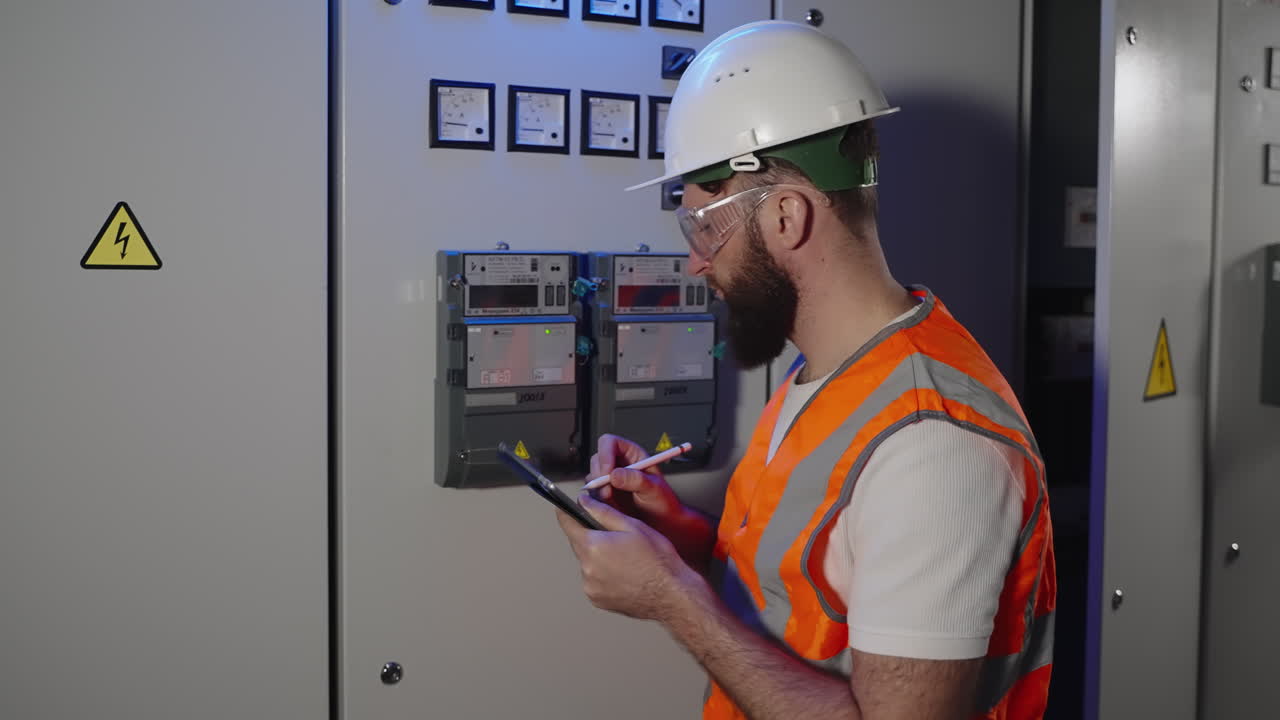 ingeniero eléctrico inspeccionando el panel de energía