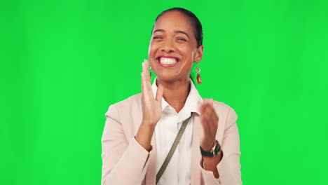 Business-woman,-celebrate-and-clap-on-green-screen