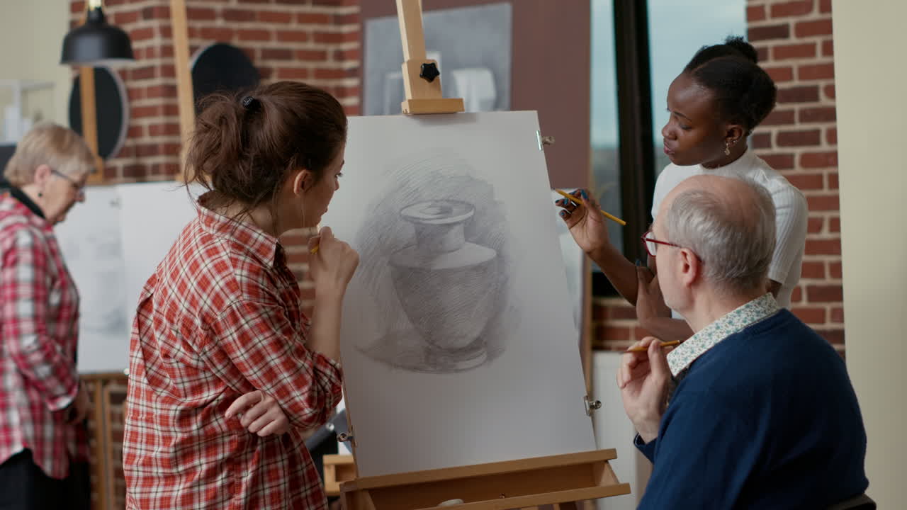 Elder student talking to people in art class about drawing technique