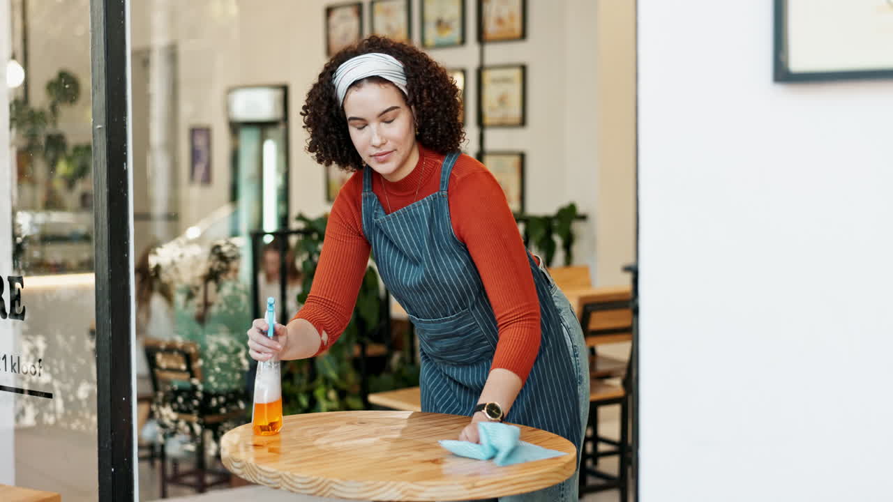 Woman cleaning table in cafe