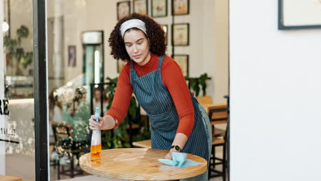 woman cleaning table in cafe