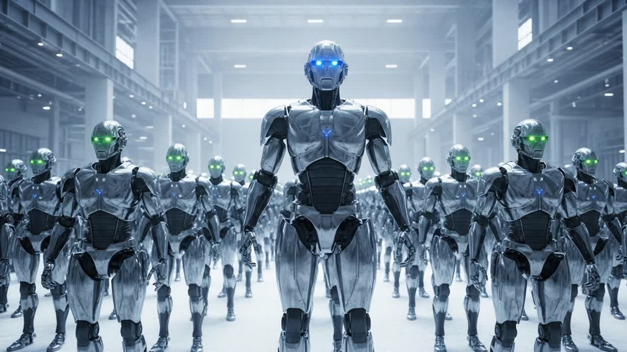 A Futuristic Scene of a Battalion of Advanced Robots Standing in Formation with Glowing Eyes, Highlighting the Evolution of Robotics and AI Technology in a High-Tech Environment