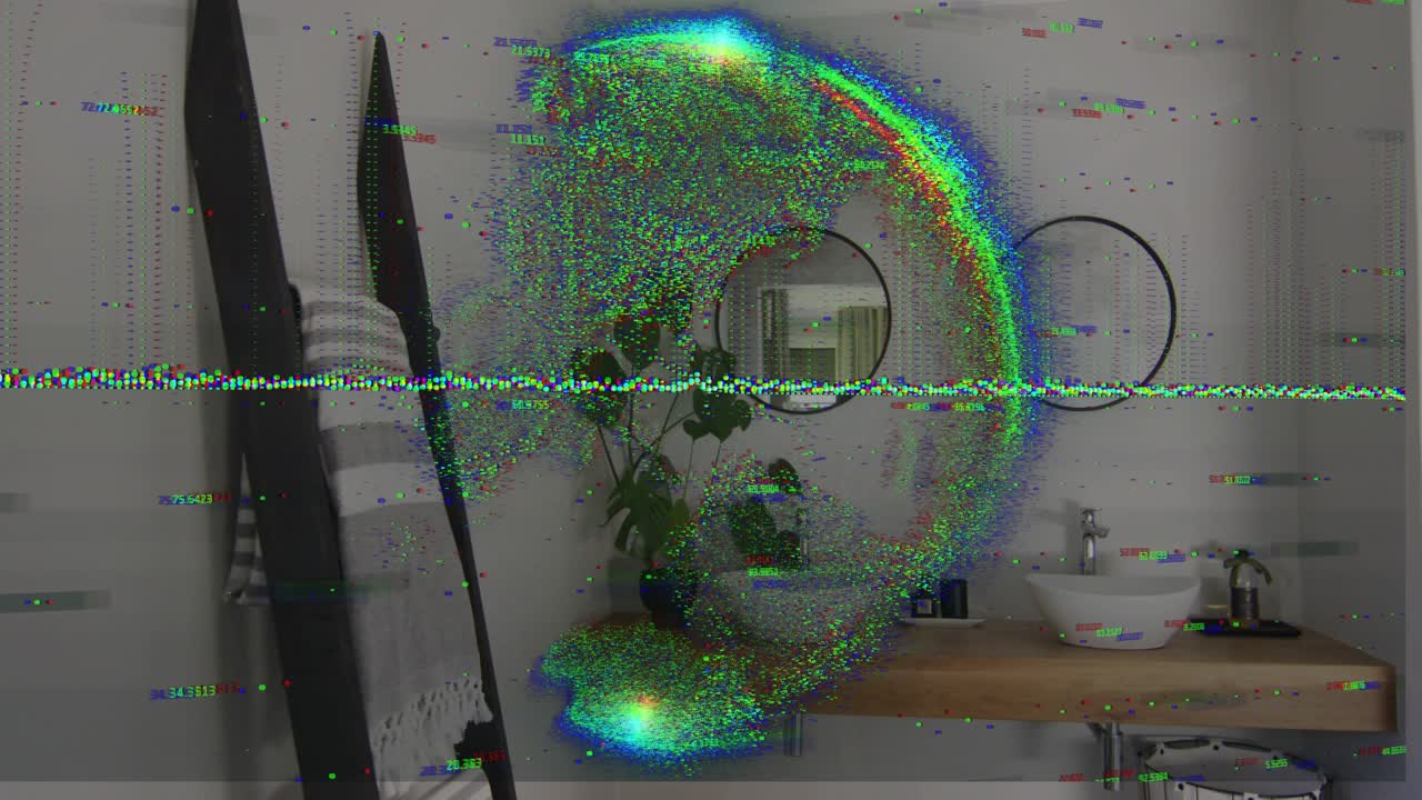 Particle swirl popping right expanding and rotating over sinks fading as glitch RGB band persisting